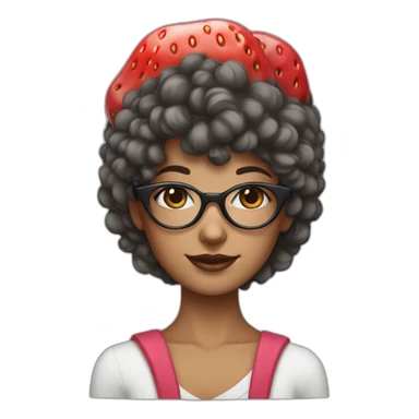 Brunette girl with circle glasses and wolf cut hair and a strawberry hat sticker