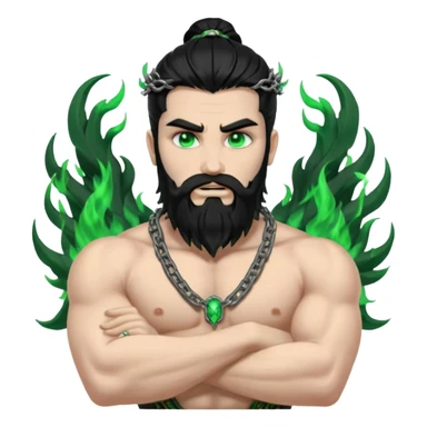 hades greek god with green flames and beard with chains on his arms and neck, Long hair. Dynamic pose sticker