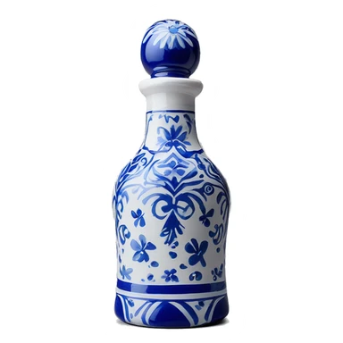 The Clase Azul Tequila bottle has a tall, hourglass-shaped ceramic body, hand-painted in white with cobalt blue floral designs. It’s topped with a distinctive gray, bell-shaped stopper that adds a final elegant touch. sticker