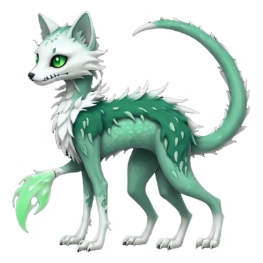 Kawaii spectral spooky dark bleak blackish swampy white-skeletal gloomy ghostly dark greyish dark-deep-greenish foggy eldritch beautiful realistic edgy fantasy ghoul-like stitched feline-vernid-sergal-fursona animal creature with a tufted tail full body with intricate markings  sticker