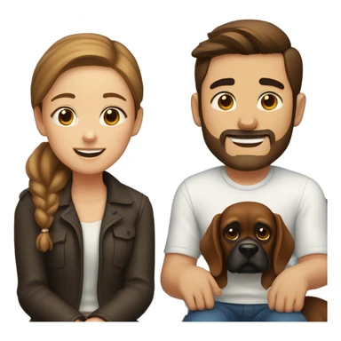 a girl with brown hair, and a man with short buzz brown hair with a beard, sitting with two dark brown boxer dogs sticker