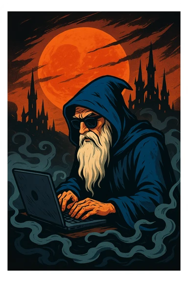 A stylized illustration of a wizard with a long white beard, blue hooded cloak, and sunglasses, typing on a laptop. The scene is set in swirling mists, with a large orange sun or moon and a gothic city of spires in the background. Strong contrast between fiery sky and shadowy foreground. sticker