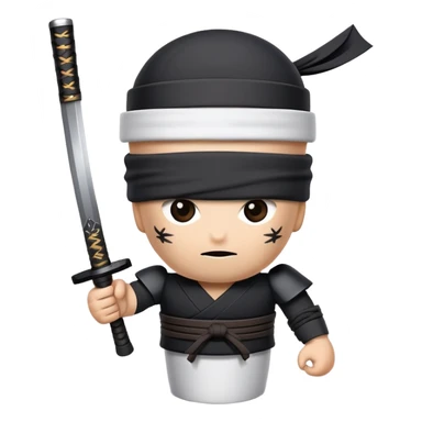 A paper coffee cup with arms and eyes, wearing a black ninja headband and wielding a samurai katana sticker