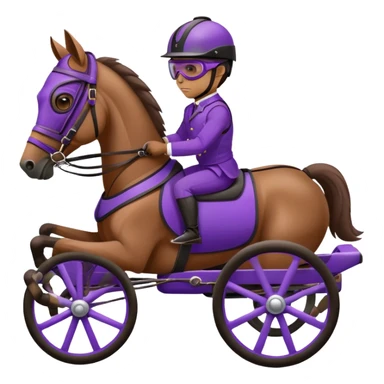 A brown harness racing horse. The sulky, a lightweight two-wheeled cart, is painted in black and attached to the horse’s harness. A driver, dressed in purple, is seated in the sulky not on the horse, wearing a purple helmet with goggles. sticker