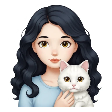 A beautiful girl with fair skin has long, big wavy black hair and a white cat with a round face. sticker
