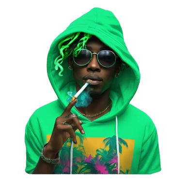 Multicoloured neon black and green graffiti person smoking wearing hoodie dancing hip hop bucket hat tropical Skater fashion aesthetic baggy clothes graphic t shirt 420 sticker