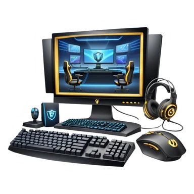 An icon featuring a gaming setup with a high-tech monitor displaying a competitive game, a keyboard, and a gaming mouse. The design includes a headset and a trophy, symbolizing victory and skill in esports. Transparent background highlights the energy and precision of professional gaming. sticker