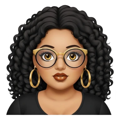 big plus size, latina, darker tan skin, gold hoops, long black curly hair, baddie,pretty, makeup, lipgloss, black eyeliner, long hair, black top, black glasses sticker