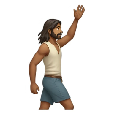 an indian man with long hair in shorts, walking, side profile, one hand raised slightly up sticker