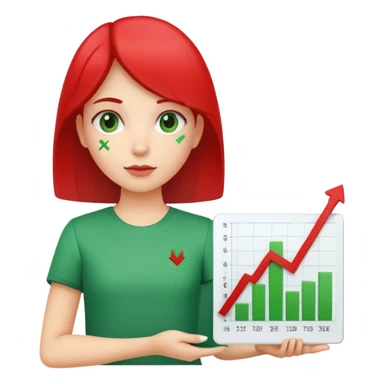 Girl holding chart with rising green graph line in right hand and holding another chart with falling red graph line in left hand sticker