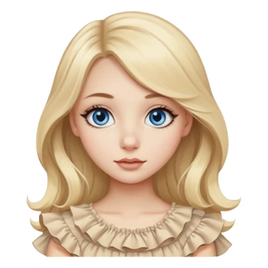 Beautiful Emoji girl with not very big close-set blue eyes and eyeliner, long round nose, wide not very full lips, long oval face shape, long blonde hair in cute ruffle beige top sticker