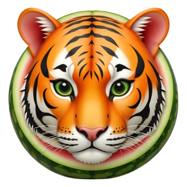 A round watermelon with green rind and a realistic tiger head attached to it sticker