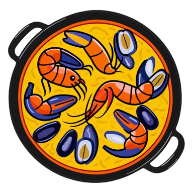 delicious seafood paella with prawns, mussels, and yellow rice in a traditional paella pan sticker