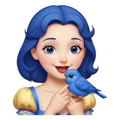 Cinematic Adorable Snow White Portrait Emoji, Giggling as a bluebird perches on her finger, cheeks rosy with joy, bright expressive eyes full of wonder, her innocence and beauty blending into a heartwarming moment! sticker
