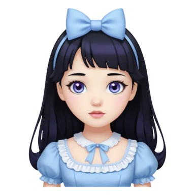 sweet lolita with black hair, violet eyes, white skin, wearing a light blue dress sticker