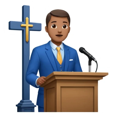 pastor with blue suits preaching in front of a pulpit with a cross behind him on the wall sticker
