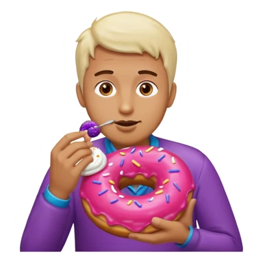 A man eating a pink donut and an eggplant covered in white sauce sticker