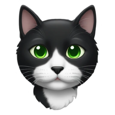 A black cat with green eyes with a white mustache, a white stripe on its nose, a full-length white breast and white paws sticker