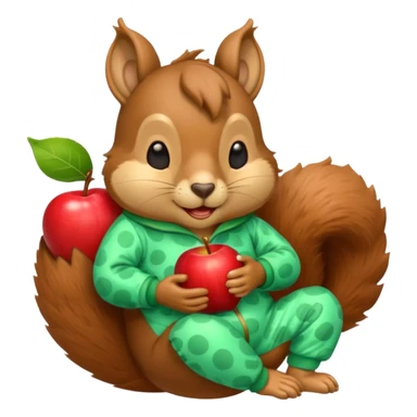 squirrel in acorn pajama suit snoring with holding apple sticker