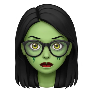crie um emoji de zumbi feminino, com pele verde, óculos preto e cabelo longo preto sticker