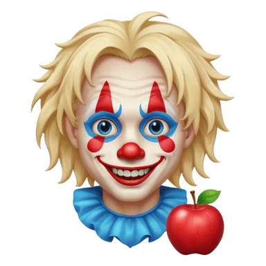 creepy clown boy with messy very long long blonde hair, blue eyes, make it more like an apple emoji sticker
