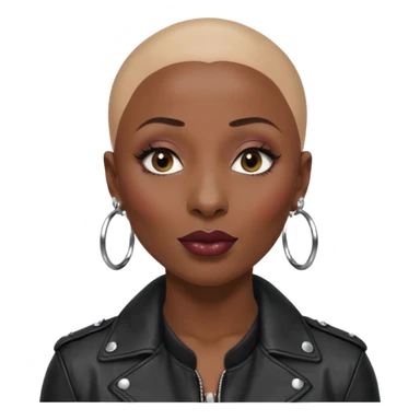 Grown black (proud) woman, bald with a perfect head, a prominent nose with a septum piercing, many piercings on her ears, a gap between her front teeth and very long nails (cynthia erivo) a proud lesbian, with long lashes and glam makeup sticker