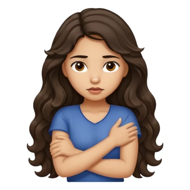 Hispanic light tan girl with long dark wavy hair crossing her arms under arm pit and slightly pouting sticker