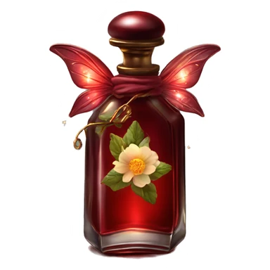 Dark red magic fairy light sparkling old Antique oil perfume bottle with herbal and flowers sticker