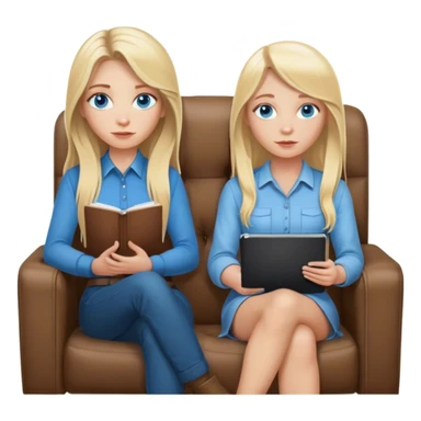 A cinematically realistic blonde with long hair and blue eyes is sitting on an armchair with a notebook in her hands, a girl is sitting opposite. sticker