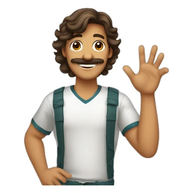 A stereotypical Portuguese young man waving with a big smile, a mustache and a brown mullet sticker