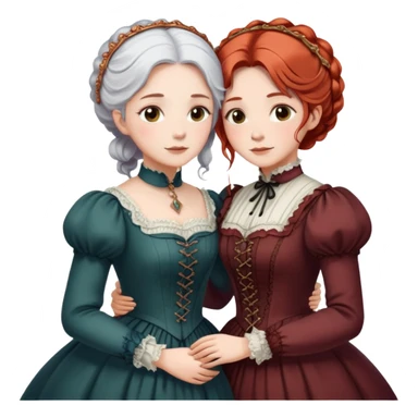 Two modest Victorian women hugging, one with white hair and one with copper red hair, wearing long Victorian dresses sticker