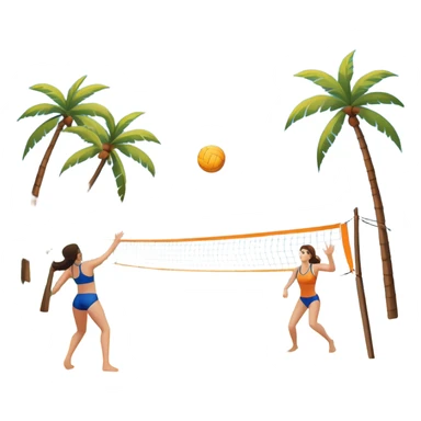 A volleyball resting on the orange sand of a beach, with a volleyball net in the background. The scene includes a beautiful beach landscape with blue sea, sky, and palm trees, while a couple of women in swimsuits play in the distance, capturing the relaxed yet competitive vibe of beach volleyball. sticker