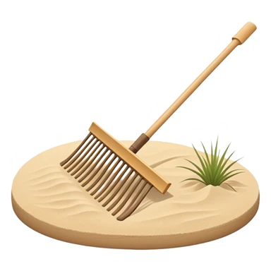Minimalist emoji of a traditional Japanese zen garden rake (kumade) thin and balanced lines, natural light wood texture, soft sand-beige and warm neutral tones, flat vector style with subtle depth, centered composition, transparent background sticker