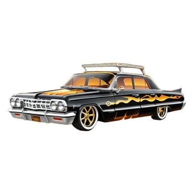 Satan’s streamlined Hot rod custom 1964 impala low rider four door Anubis themed painted hood flaming side-mounted under-door chrome exhaust pipes driving straight to hell  sticker