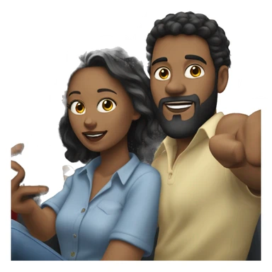 A young man with why colour, black hair with a black beard sitting next to a white woman with brown hair in the car taking the selfie sticker
