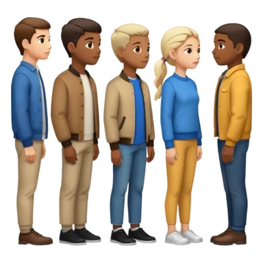 A line of 5 people standing in profile, one behind the other, all facing to the right sticker