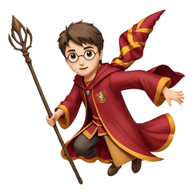 Cartoon-style illustration of Harry Potter flying on a broomstick, Gryffindor red and gold outfit, expressive face, dynamic motion, magical vibe, smooth shading, vibrant colors, no background, transparent background, isolated character. sticker