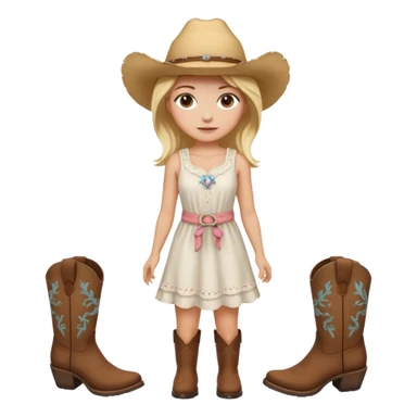 Please give me the woman standing emoji with a peach skin tone, medium length blonde hair, and dark brown eyes. Please make her wear a white sundress and brown cowgirl boots sticker