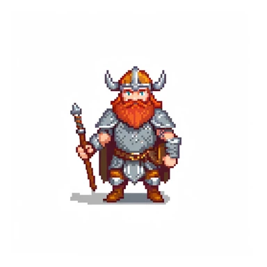 pixel art ginger viking with red beard and armor, running animation frame 3, legs crossing sticker