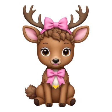 cute deer with curly fur, sitting down, wearing a bow on its head. sticker