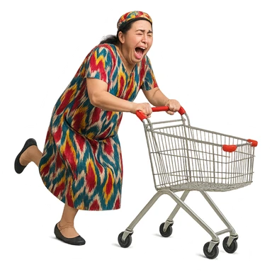 hysterical Uzbek woman with a shopping cart sticker