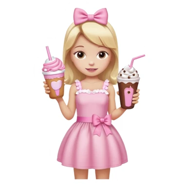 A little girl with a Dunkin' milkshake and a donut with pink frosting and marshmallows, wearing a pink coquette-style dress with bows and blonde hair. sticker