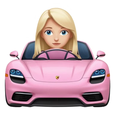 pink Porsche taycan with blonde girl, long hair, blue eyes, sitting in the car, front view point of view, no sunglasses sticker