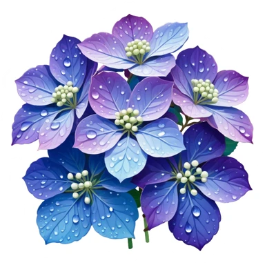 Japanese style hydrangea (ajisai) flower in ukiyo-e inspired design, delicate blue-purple gradient, elegant composition with raindrops, traditional Japanese aesthetic sticker