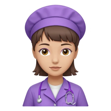 A young female slim nurse with short Brown hair with fringe over her forehead, wearing larvendar purple working cloth sticker