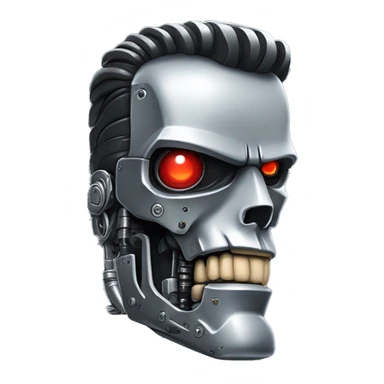 Emoji of a Terminator T-800, looking straight, 2d animation, red eyes, made of metal,  sticker