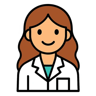 young woman, brown long wavy hair, medical white clothes, friendly, front view, smiling sticker
