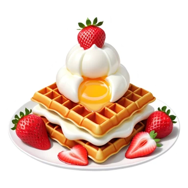 3D rendered Hong Kong egg waffle folded with strawberries and cream, vibrant red and white colors, hyper-realistic bubbled texture, glossy finish, detailed bubble surfaces, fun presentation, soft lighting sticker