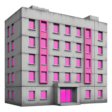 Soviet-era concrete rectangular apartment block with a single window emitting bright pink UV light, stark gray facades with slight disrepair sticker
