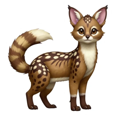 Colorful dark realistic chocolate-brown tropical beige fur glorious divine exotic cute cool beautiful shiny beautiful fantasy-Furret-Eevee-caracal-civet-genet-sergal-vernid-Cacomistle-oncilla-animal-Fakémon-hybrid-fursona with white deer-spots pattern markings (full body) sticker